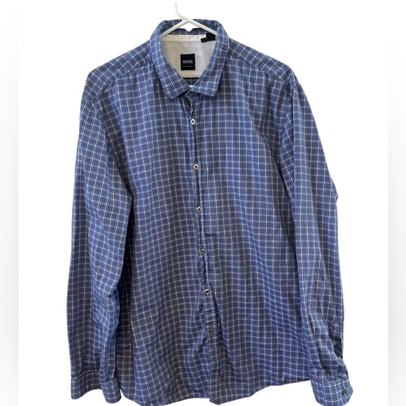 Hugo Boss Men’s XXL Long Sleeve Plaid Casual Dress Button Up Shirt Blue White - Picture 1 of 12